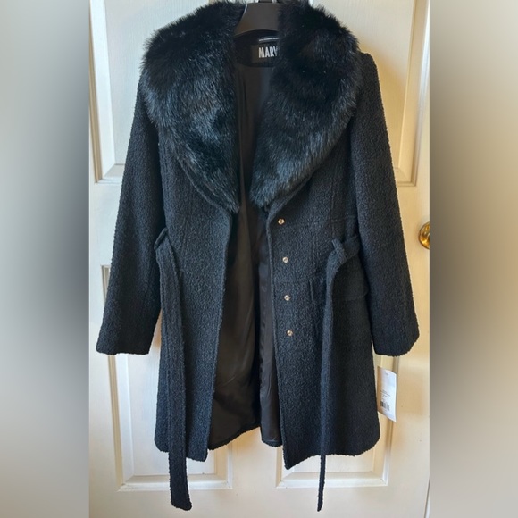 Marvin Richards Black Wool Boucle Belted Faux Fur Collar Coat M (runs small) - Picture 2 of 11